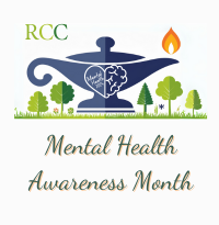 RCC Lamp of Learning in blue and green with trees surrounding. Mental Health Awareness Month written along bottom