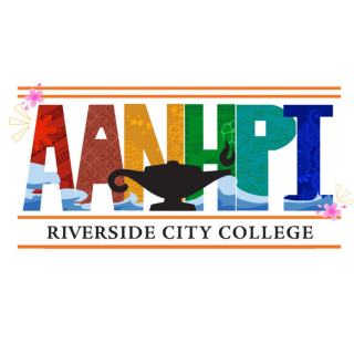 Colorful AANHPI graphic designed by student Alex Mercado featuring patterned letters representing Asian American, Native Hawaiian, and Pacific Islander cultures, with waves, cherry blossoms, and a lamp icon above Riverside City College.