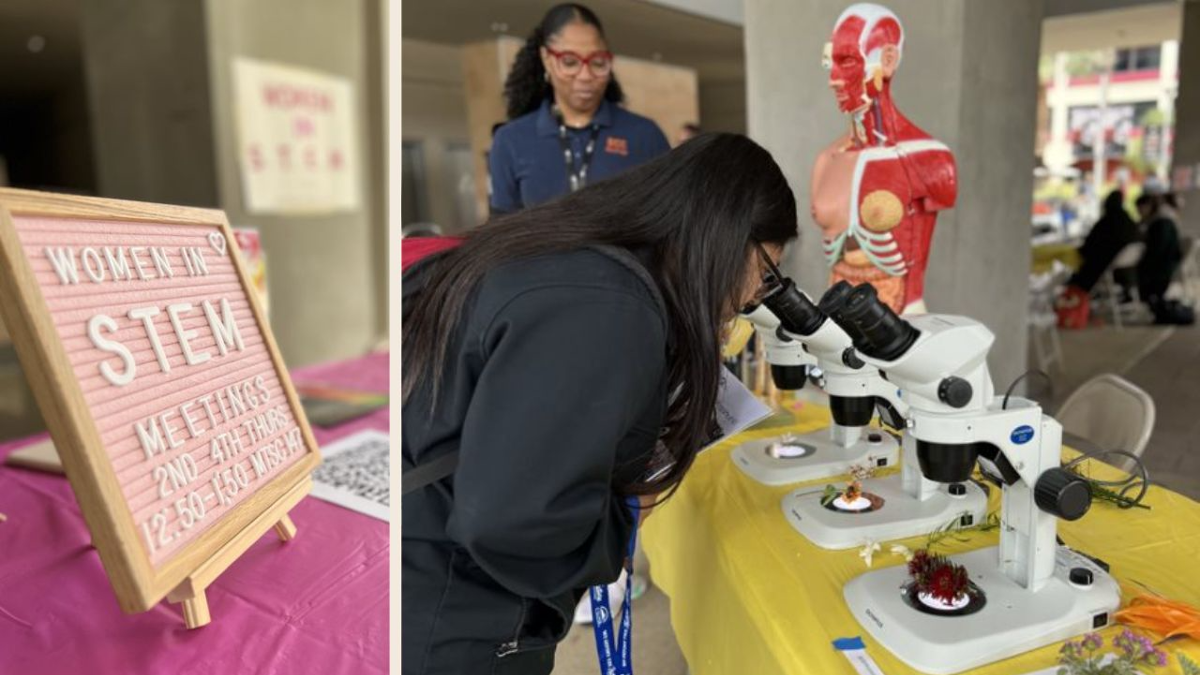 STEM Engagement Fair-Student looking at microscope and sign