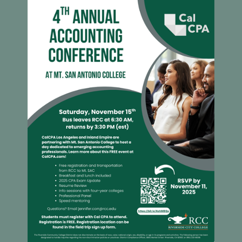 A green and white flyer for RCC’s 4th Annual Accounting Conference on November 15. Includes bus departure at 6:30 AM, free registration, meals, CPA exam update, resume review, panels, mentoring, and an RSVP QR code.