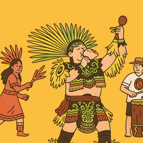 Cartoon dancers wearing native Hispanic clothing