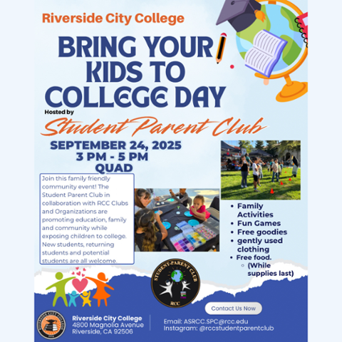 Riverside City College Student Parent Club September events flyer with date Bring Your Kids to College Day