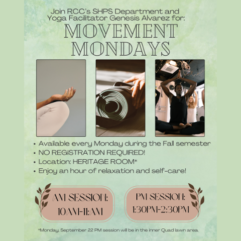 Flyer for RCC Movement Mondays yoga. Free weekly sessions in the Hall of Fame. Mondays at 10–11 am and 1:30–2:30 pm. Led by Genesis Alvarez.