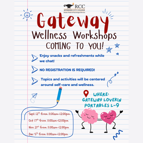 Flyer for Gateway Wellness Workshops at RCC. Sessions on Sept 12, Oct 17, Nov 21, Dec 5, 2025 from 11 AM–12 PM in Gateway Lovekin Portables L-9. No registration, self-care focus, snacks, open to all.