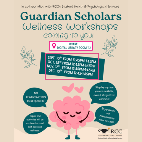 Flyer for Guardian Scholars Wellness Workshops at RCC. Workshops on Sept 10, Oct 15, Nov 12, and Dec 10 from 12:45–1:45 PM in Digital Library Room 112. No registration, free snacks, self-care focus.