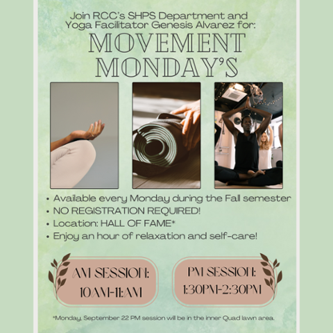 Flyer for RCC Movement Mondays yoga. Free weekly sessions in the Hall of Fame. Mondays at 10–11 am and 1:30–2:30 pm. Led by Genesis Alvarez.