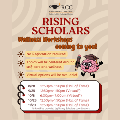 Flyer for Rising Scholars Wellness Workshops at RCC. Dates: Aug 28, Sept 25, Oct 8, Oct 23, Nov 20, 2025. Mix of Hall of Fame and virtual. No registration, self-care focus, open to all.