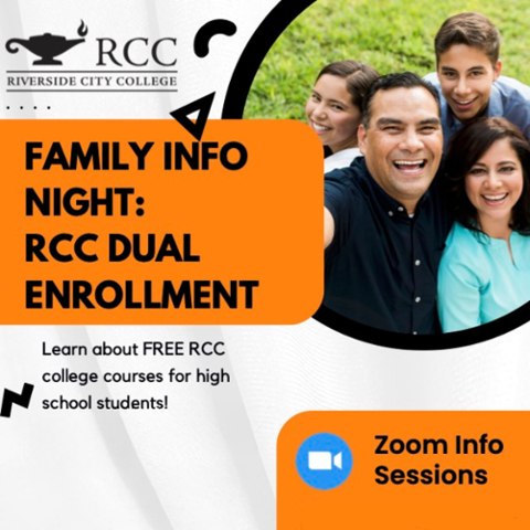 RCC Family Info Night: Dual Enrollment. Learn about free RCC college courses for high school students. Zoom info sessions on March 10, March 24, April 7, April 21, and May 5. Register via link or QR code. Image: Smiling family outdoors.