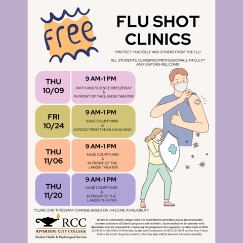 Riverside City College Flu Vaccine Clinic on October 24 from 10 AM to 2 PM at the Bradshaw Patio. Free flu shots for students while supplies last, hosted by Student Health & Psychological Services.