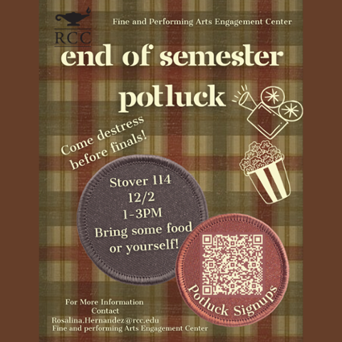 Flyer with plaid background reads “End of Semester Potluck.” Event is Dec. 2, 1–3 PM in Stover 114. Text says “Come destress before finals! Bring some food or yourself!” Includes popcorn and confetti graphics and a QR code for potluck signups.