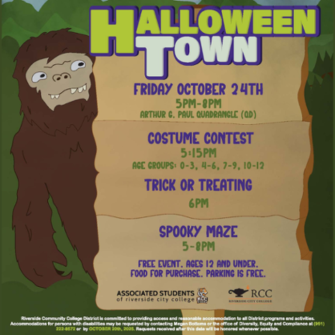 Flyer for RCC’s Halloween Town on Oct. 24, 5–8 pm at the Arthur C. Paul Quadrangle with costume contest, trick-or-treating, and spooky maze. Free event for kids 12 and under.