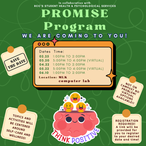 Flyer for PROMISE Program Wellness Workshops at RCC. Features a smiling brain with emojis, event details: Various dates from Feb. 25 to June 10 in MLK Computer Lab, with virtual options. Registration required. Focus on self-care and wellness.