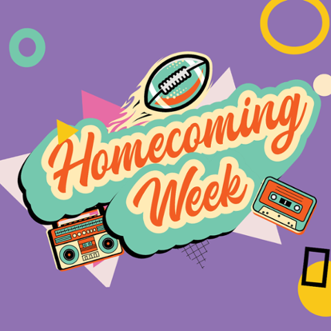 RCC Homecoming Week flyer with retro graphics. Lists daily events Sept. 22–27, including scavenger hunt, carnival, karaoke, sports, pep rally, and football game at Wheelock Stadium.
