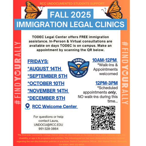 Flyer for RCC Fall 2025 Immigration Legal Clinics with butterfly graphics. Lists clinic dates Aug 14, Sept 5, Oct 10, Nov 14, Dec 5 at RCC Welcome Center. Free assistance by TODEC. Walk-ins and appointments available.