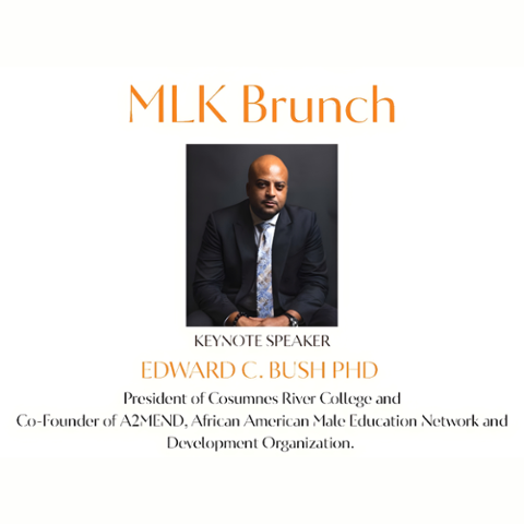 Flyer for RCC’s MLK Brunch on January 20 from 11 AM–1:30 PM featuring keynote speaker Edward C. Bush, PhD. Includes his photo, event details, and RCC branding.