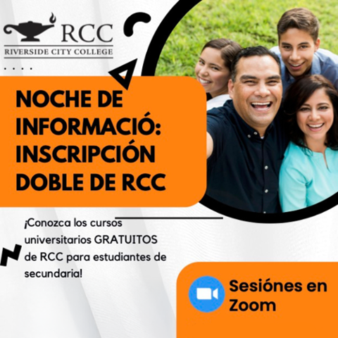 Noche de Información: Inscripción Doble de RCC. Conozca los cursos gratuitos de RCC para estudiantes de secundaria. Sesiones en Zoom el 10 y 24 de marzo, 7 y 21 de abril, y 5 de mayo. Regístrese vía enlace o código QR. Imagen: Familia sonriendo al aire li