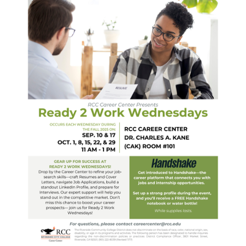 Flyer for RCC Career Center’s Ready 2 Work Wednesdays. Resume help, job applications, LinkedIn tips, and interview prep on select Wednesdays, Sept. 10–Oct. 29, 11 am–1 pm in CAK 101.
