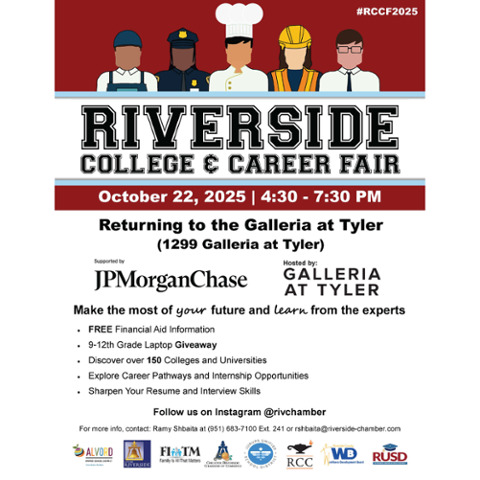 Flyer for Riverside College & Career Fair on Oct. 22, 2025, 4:30–7:30 PM at Galleria at Tyler. Event features 150+ colleges, career pathways, internships, financial aid info, and a laptop giveaway. Hosted by Galleria at Tyler.
