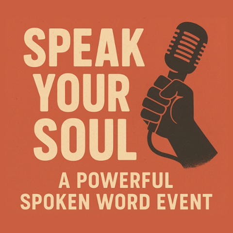 Speak Your Soul text orange background, hand with microphone clip art