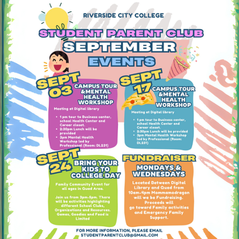 Riverside City College Student Parent Club September events flyer with dates for campus tours, mental health workshops, Bring Your Kids to College Day, and fundraiser details.