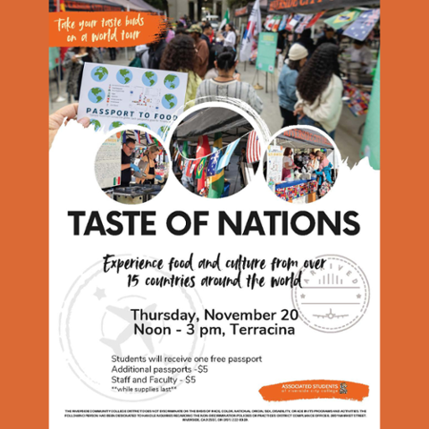 Flyer for RCC’s “Taste of Nations” event showing students visiting food booths and international flags. Text notes: Nov. 20, noon–3 PM on Terracina; free student passport; $5 additional and staff/faculty passports; while supplies last.