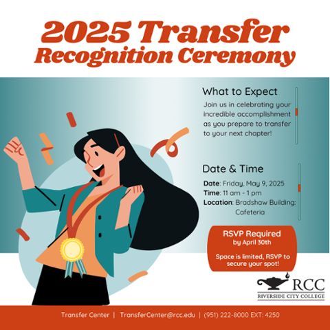 Illustration of a happy graduate with a medal celebrating the 2025 Transfer Recognition Ceremony at RCC. Event is May 9, 2025, 11 am–1 pm at the Bradshaw Building Cafeteria. RSVP by April 30.