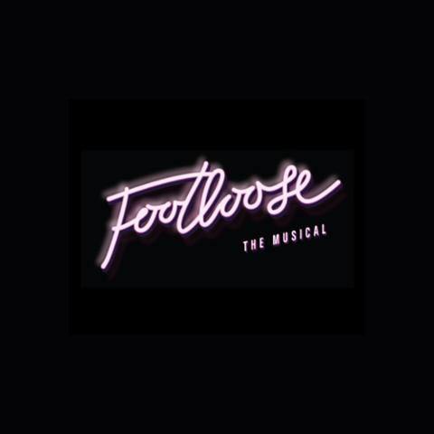 Neon-style logo reading “Footloose” in pink script with “The Musical” in smaller text below on a black background.