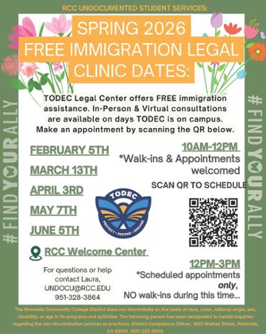 Flyer for RCC Spring 2026 Free Immigration Legal Clinic hosted by TODEC Legal Center. Dates: Feb 5, Mar 13, Apr 3, May 7, June 5 at RCC Welcome Center. 10am–12pm walk-ins welcome; 12pm–3pm appointments only. QR code to schedule.