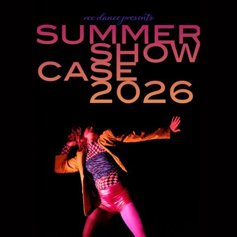 Promotional poster for RCC Dance's Summer Showcase 2026 featuring bold pink and orange typography on a black background above a dramatic photo of a dancer in motion wearing vibrant pink, blue, and orange clothing.