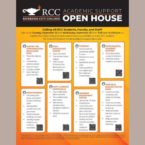 RCC Academic Support Open House flyer. Students, faculty and staff are invited Sept. 22–23 from 11 a.m.–2 p.m. to explore tutoring, writing, math, STEM, MESA, Rainbow Engagement Center and other student support services.