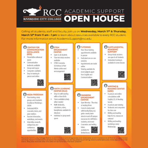 Flyer for RCC Academic Support Open House on March 11–12 from 11 AM–1 PM. Event highlights tutoring, STEM support, writing help, MESA, math learning, and student resources available to RCC students.