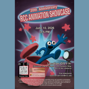 Promotional flyer for the 20th Anniversary RCC Animation Showcase. A blue cartoon character jumps out of a red magician’s hat against a purple starburst background. Event details: June 10, 2026, from 3–5 PM in CIS 114 at Riverside City College.