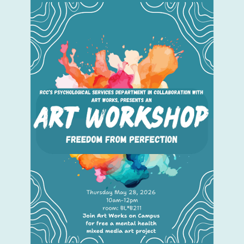 Art workshop flyer with paint splash design, date, time, and room info