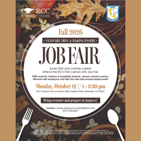 Fall 2026 Culinary Arts and Baking/Pastry Job Fair, Monday, October 12, from 1–3:30 pm at the RCC Culinary Arts Academy. Free event for students, alumni, and job seekers.