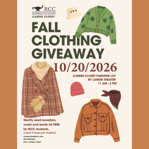 RCC Career Closet Fall Clothing Giveaway flyer. October 20, 2026, 11 am–2 pm, Career Closet parking lot by Landis Theater. Free gently used sweaters, coats, and boots for RCC students. Limit two items per student.
