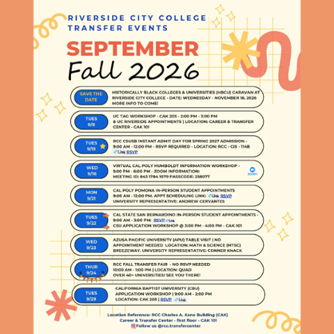 RCC September 2026 Transfer Events flyer featuring UC, CSU and private university workshops, appointments and visits Sept. 8–29, plus the Fall Transfer Fair Sept. 24 and an HBCU Caravan save the date for November.