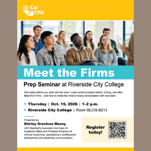 Meet the Firms Prep Seminar at Riverside City College, Thursday, October 15, 2026, 1–2 p.m. in BLCIS-B213. Presented by Shirley Orechwa Maxey. QR code provided for registration.