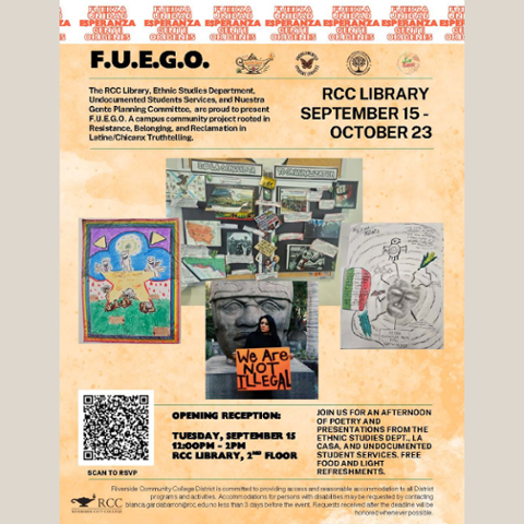 F.U.E.G.O. exhibit opening reception, September 15, noon-2 pm on the RCC Library 2nd Floor. Features poetry and presentations celebrating resistance, belonging and reclamation. Exhibit runs through October 23.