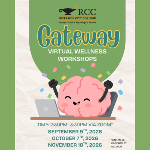 Green and cream RCC Student Health & Psychological Services graphic promoting Gateway Virtual Wellness Workshops. A smiling cartoon brain sits at a laptop with its arms raised as colorful confetti falls around it. Workshops take place from 2:30–3:30 pm vi