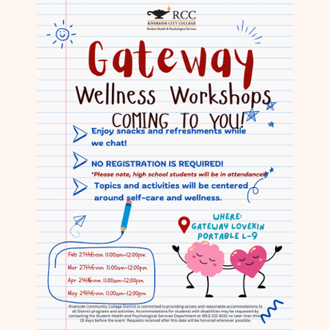 Flyer for Gateway Wellness Workshops held Feb 27, Mar 27, Apr 24, and May 29 from 11:00 AM–12:00 PM in Gateway Lovekin Portable L-9. Focus on self-care and wellness. No registration required.
