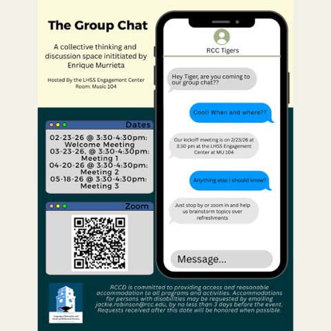 Flyer for The Group Chat hosted by LHSS Engagement Center in Music 104 at 3:30–4:30 PM on Feb 23, Mar 23, Apr 20, and May 18, 2026. Includes Zoom option and invites students to join discussions and brainstorm topics.