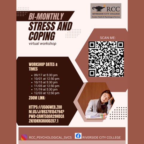RCC Stress and Coping virtual workshop flyer with fall dates from Sept. 17 through Dec. 3. Workshops are offered at 5:30 p.m. or 12:50 p.m. via Zoom.