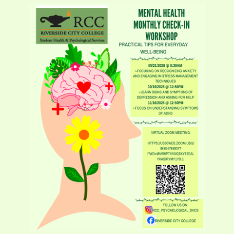 RCC Mental Health Monthly Check-In virtual workshop flyer. Fall sessions cover anxiety and stress on Sept. 21, depression on Oct. 19, and ADHD on Nov. 16. Zoom information and QR code included.