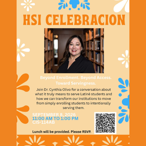 HSI Flyer with orange background, flowers and speaker Cynthia Olivo