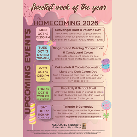 Pink candy-themed flyer promoting RCC Homecoming 2026, October 12–17. Events include a scavenger hunt, gingerbread competition, cake walk, cookie decorating, pep rally, and football game against Southwestern College.
