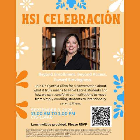 HSI Flyer with orange background, flowers and speaker Cynthia Olivo
