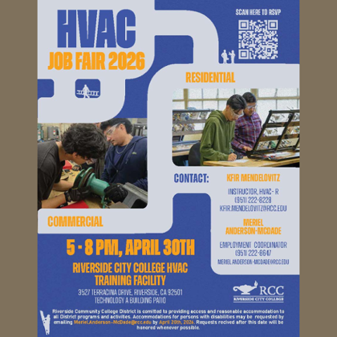 Flyer for HVAC Job Fair 2026 at Riverside City College on April 30 from 5–8 PM at the HVAC Training Facility. Event highlights residential and commercial HVAC careers and includes employer networking.