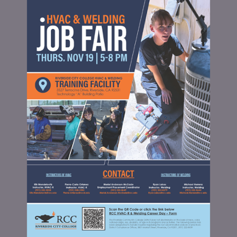 RCC HVAC & Welding Job Fair, Thursday, November 19, 5–8 p.m. at the HVAC & Welding Training Facility, 3527 Terracina Drive. Flyer features students working in HVAC and welding.