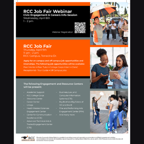 Flyer for RCC Job Fair and Webinar. Webinar April 8, 1–2 pm. Job Fair April 9, 11 am–2 pm on Terracina Drive. Features on- and off-campus jobs, internships, and engagement centers including tutoring, career services, and CTE programs.