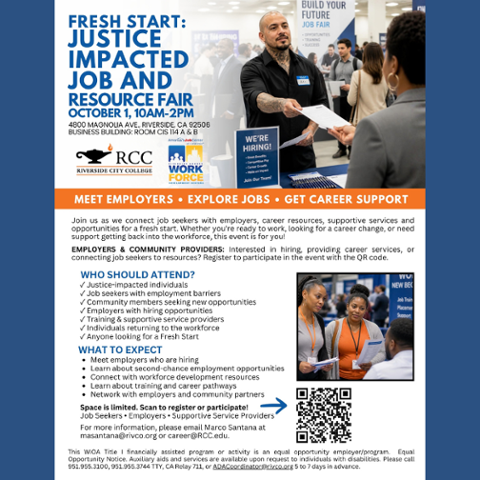 Fresh Start: Justice Impacted Job and Resource Fair, October 1, 10 am–2 pm at RCC, Business Building, CIS 114 A & B. Meet employers, explore jobs, career resources, training and supportive services.